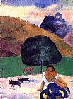 Landscape with Black Pigs and a Crouching Tahitian by Paul Gauguin